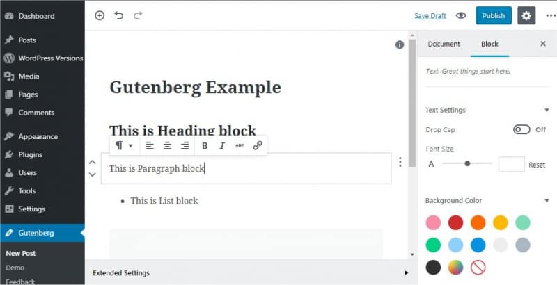 WordPress Gutenberg editor in action